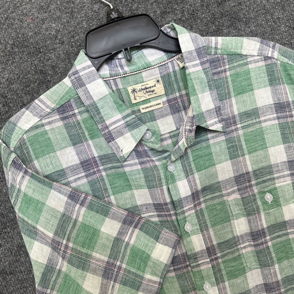 Weatherproof Vintage Shirt Mens 2XL Green/Blue Plaid Linen Short Sleeve Button